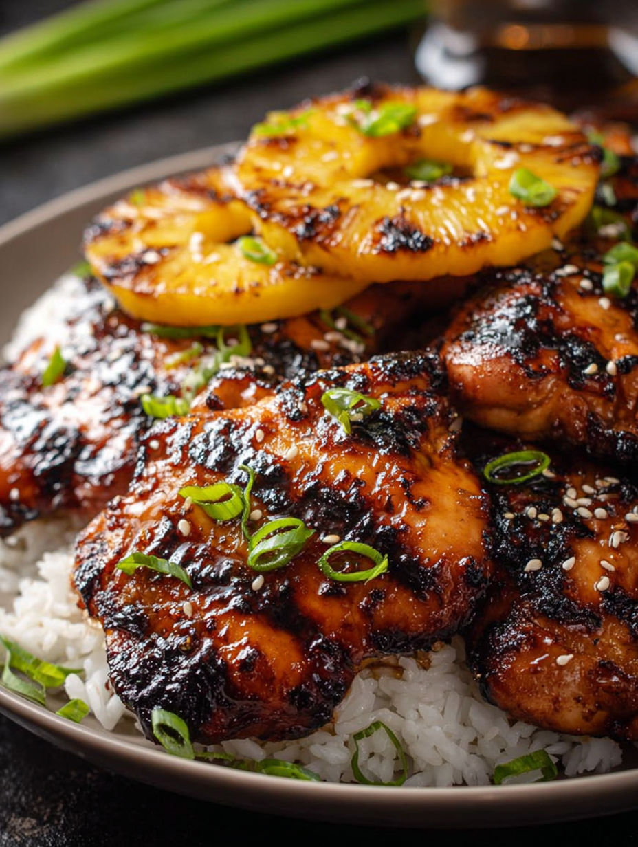 A plate of chicken with pineapple and rice.