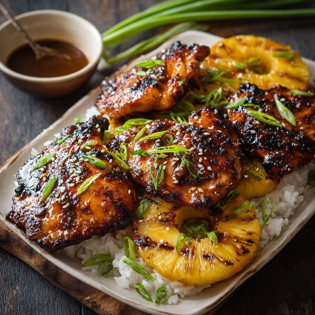 A plate of grilled chicken with pineapple and rice.