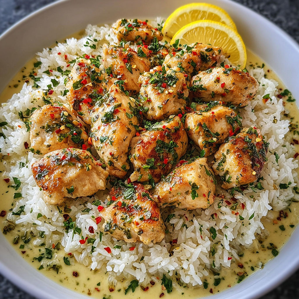A bowl of rice with chicken and scampi.
