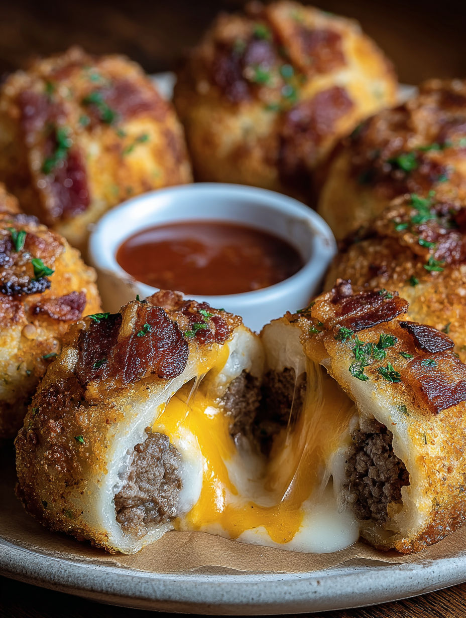 Bacon cheeseburger mozzarella bombs with a dipping sauce.