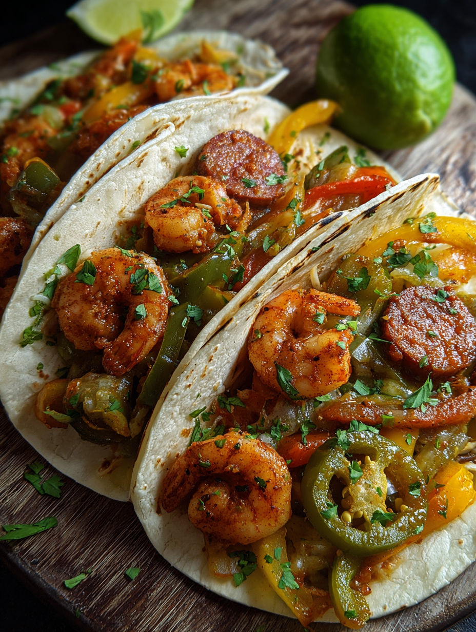 Two tacos with shrimp, sausage, and peppers.