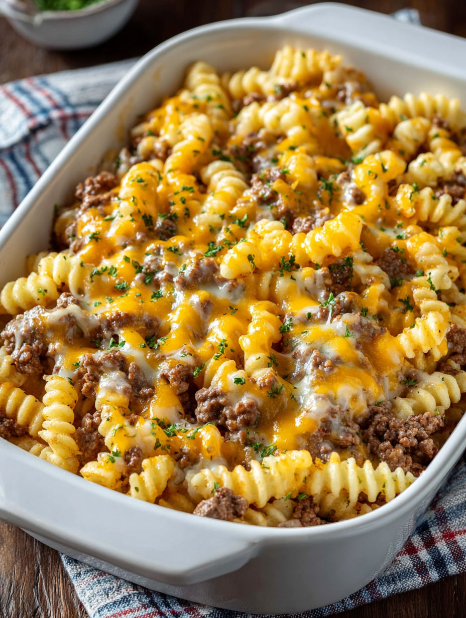 A white bowl filled with a delicious French Fry Casserole Bake.