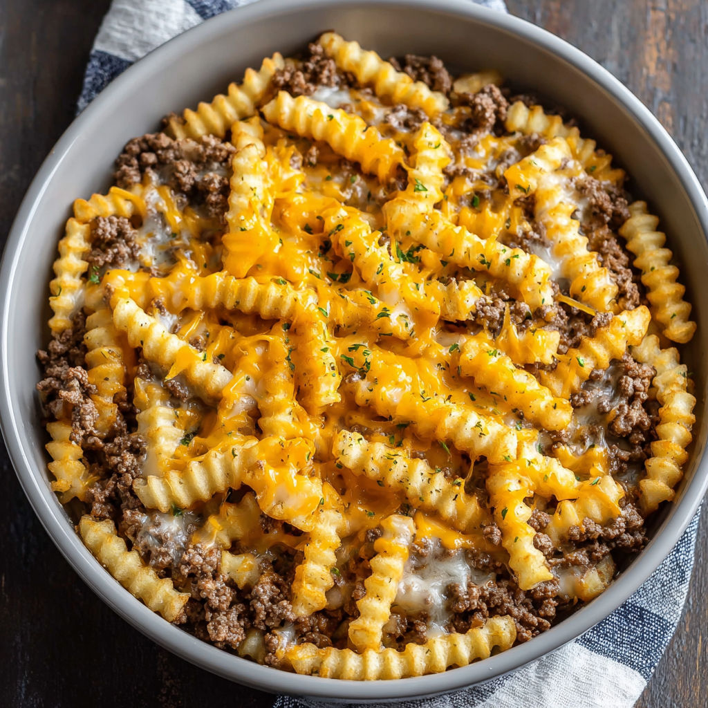A bowl of French fry casserole bake.
