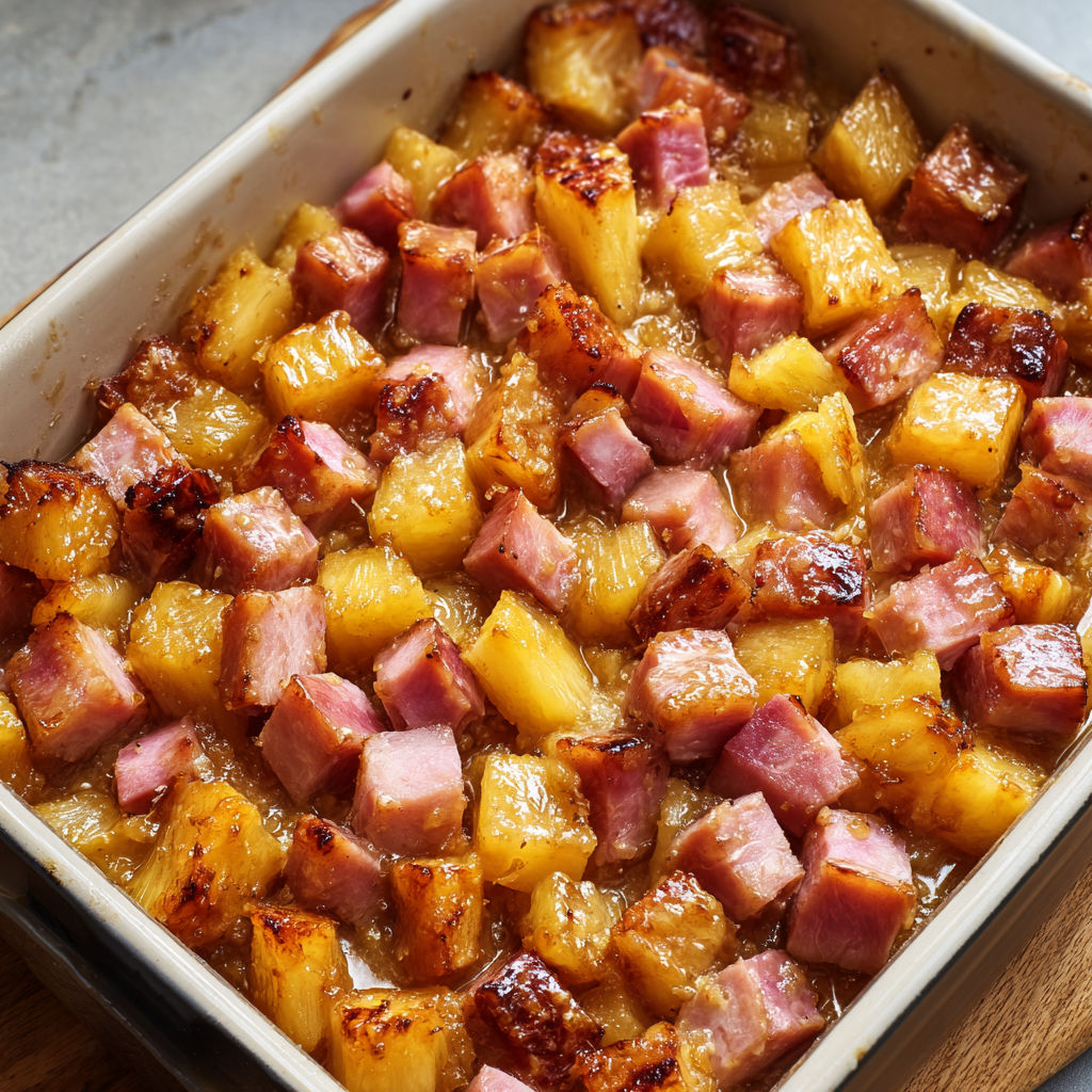 A dish of ham and pineapple baked together.
