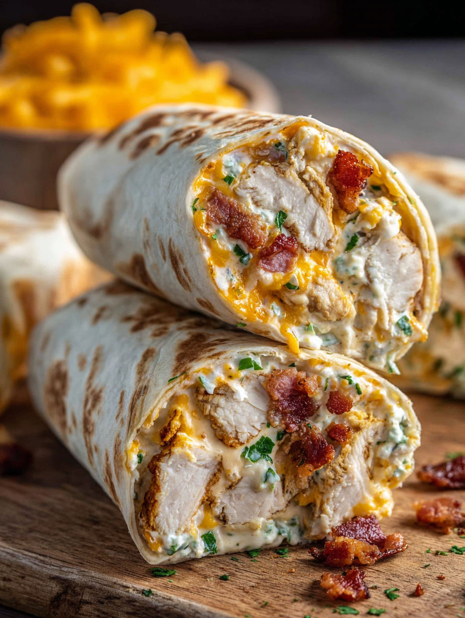 A delicious chicken wrap with bacon and ranch dressing.