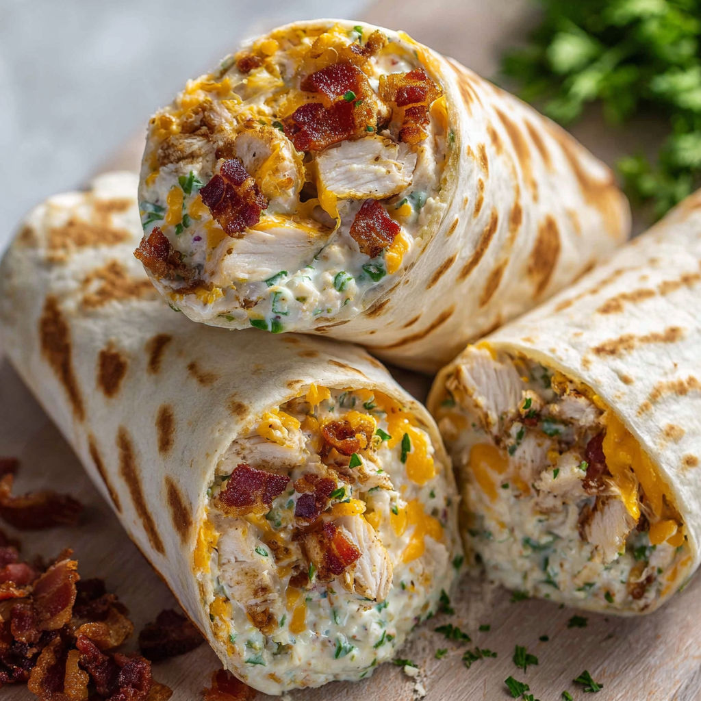 A stack of crispy bacon chicken ranch wraps.