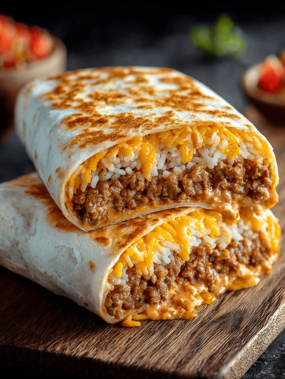 A cheesy quesarito is on a table.