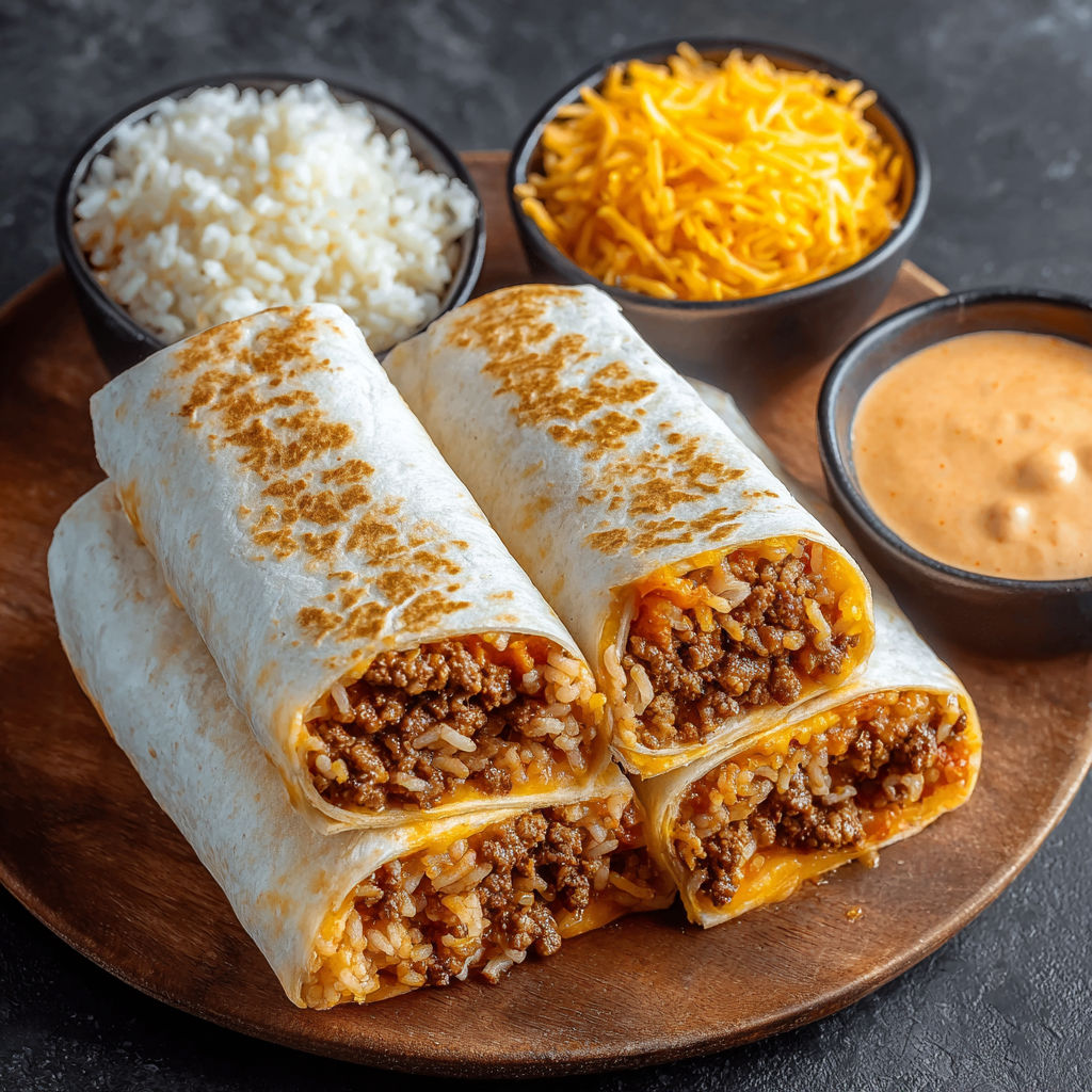 A plate of food with rice, cheese, and meat.