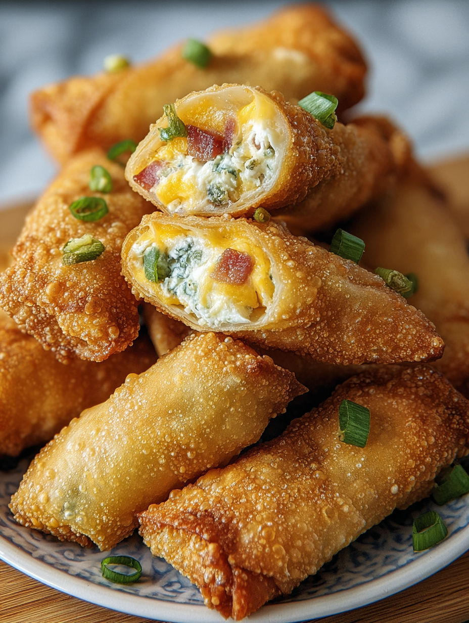 Mini jalapeno popper egg rolls on a plate.