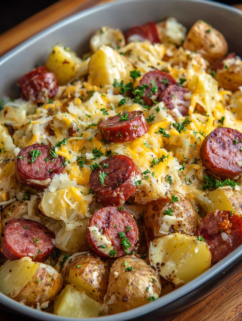 A plate of food with sausage and potatoes.