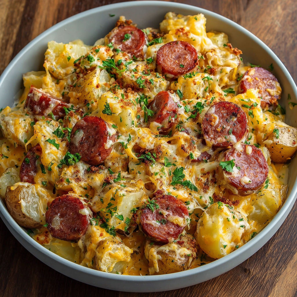 A bowl of food with sausage and potatoes.