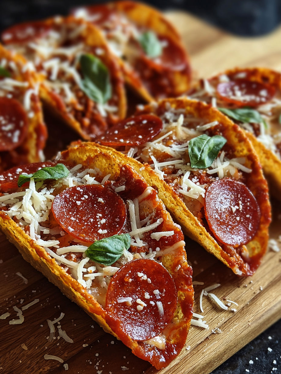 A close up of a pepperoni pizza taco.