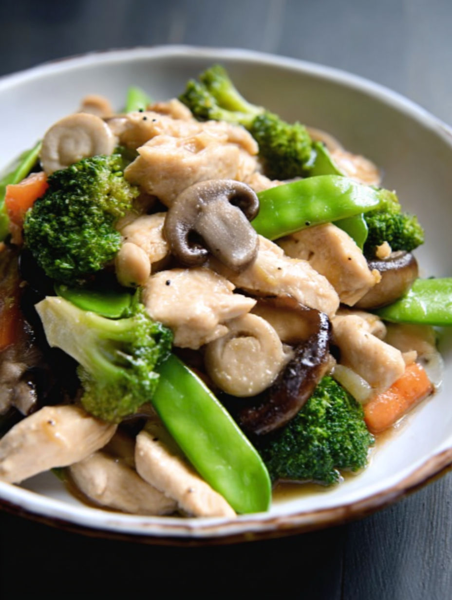 A plate of Moo Goo Gai Pan Dish.