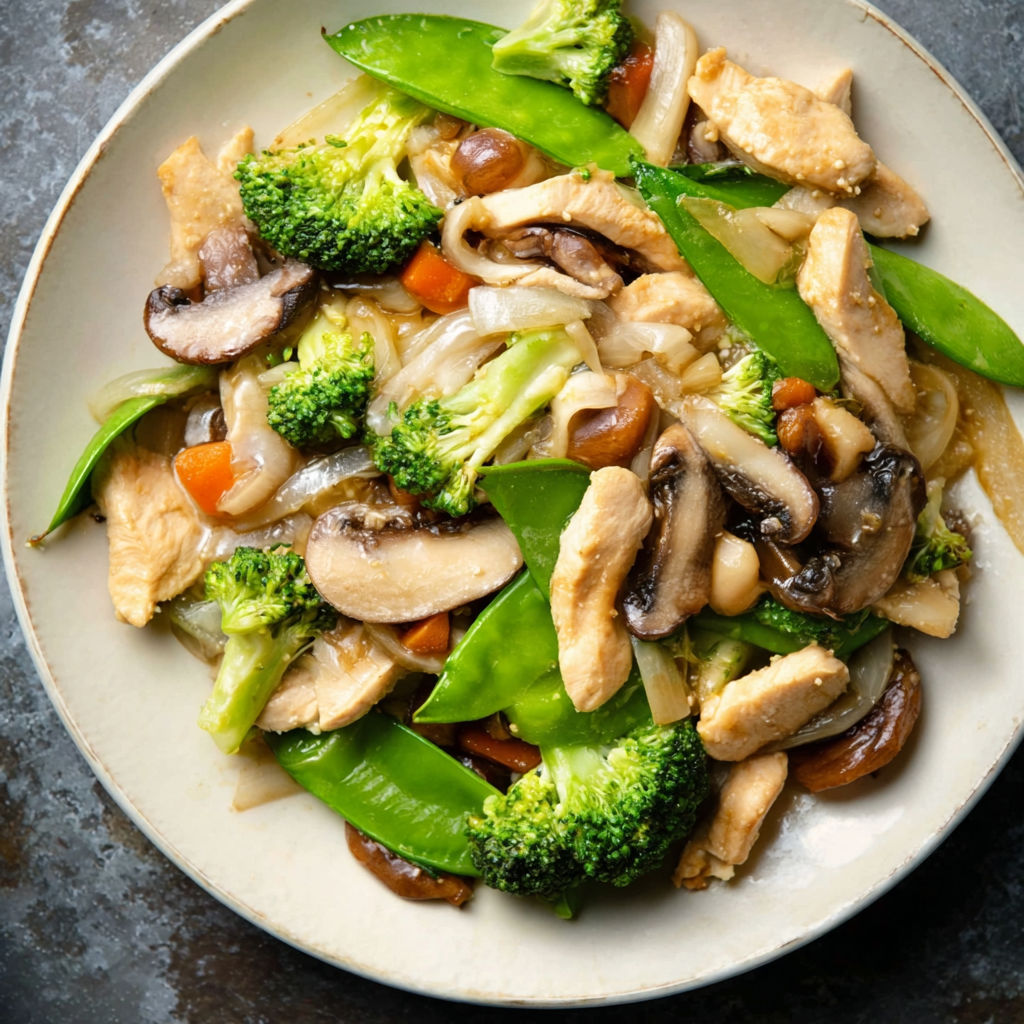 A plate of Moo Goo Gai Pan dish with broccoli and mushrooms.