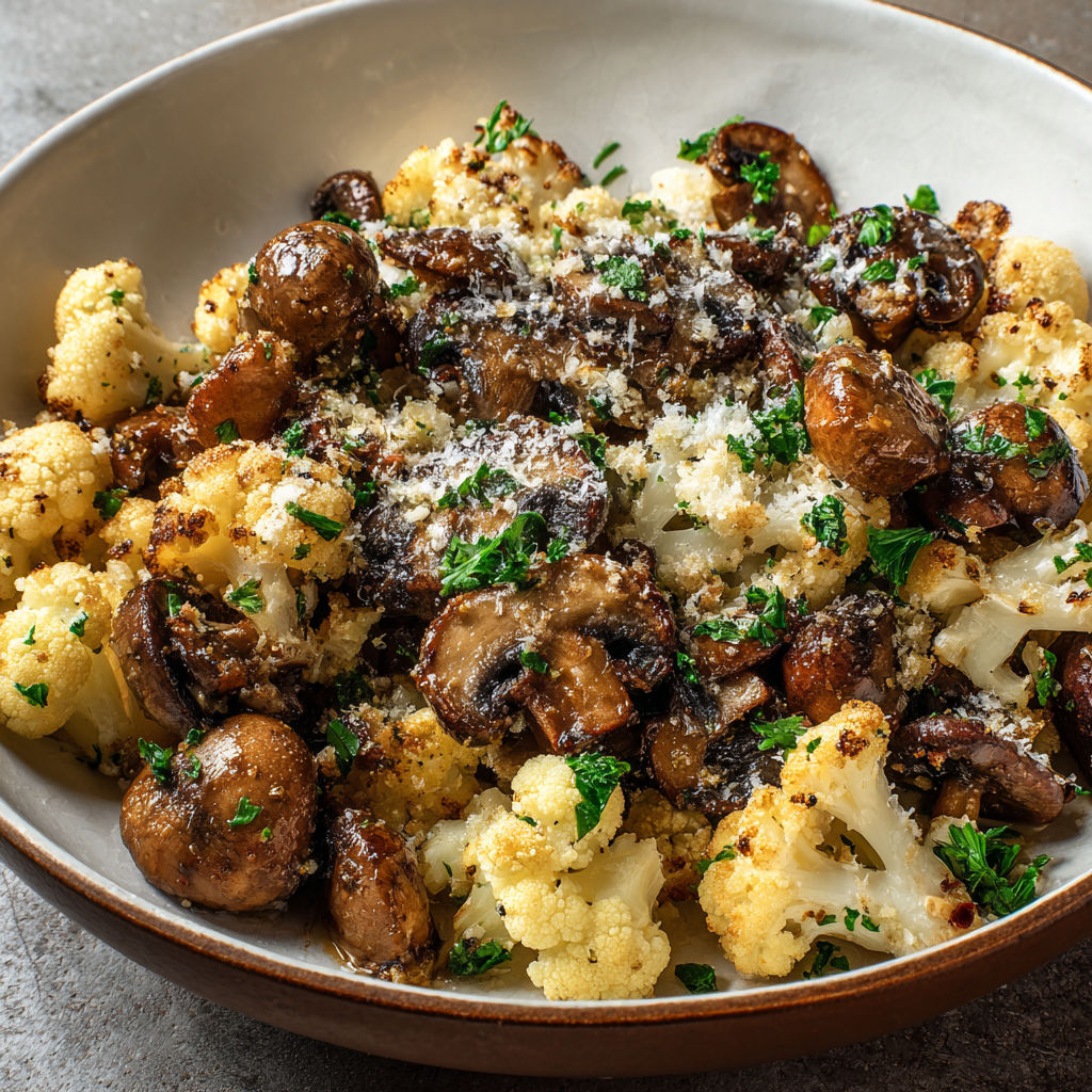 A bowl of sauteed mushrooms and cauliflower crumbles.