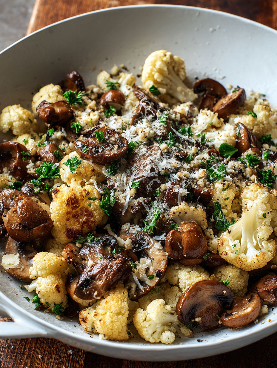 A bowl of sauteed mushrooms and cauliflower crumbles.