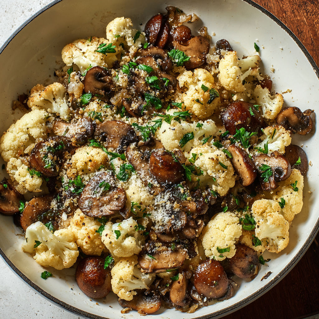 A bowl of sauteed mushrooms and cauliflower crumbles.