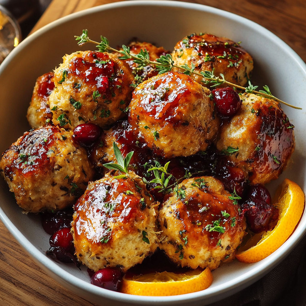 A bowl of meatballs with cranberry sauce and orange slices.