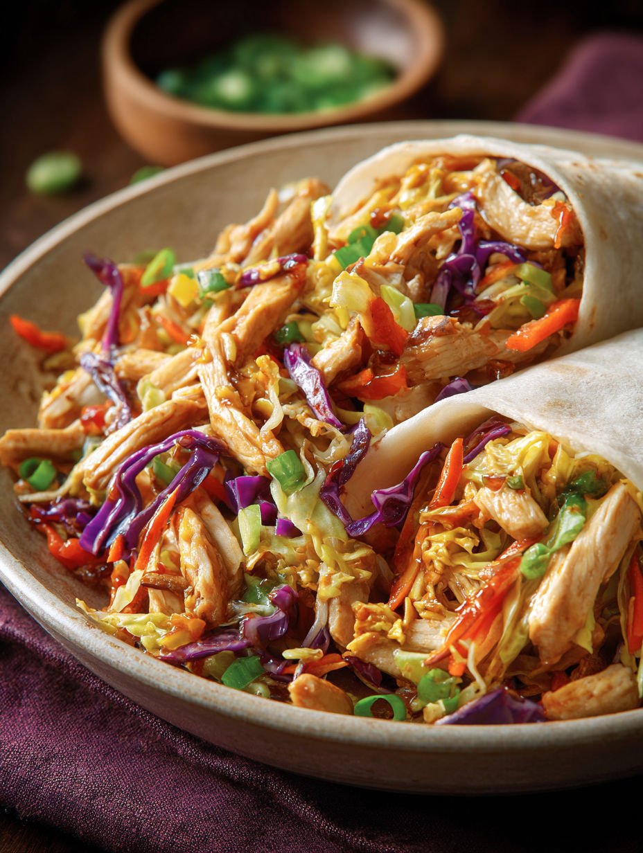 A plate of Moo Shu Chicken Wraps.