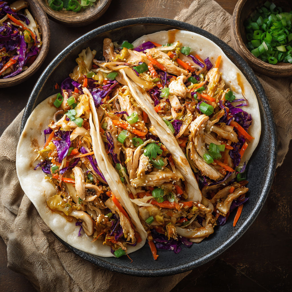 A plate of Moo Shu Chicken Wraps.
