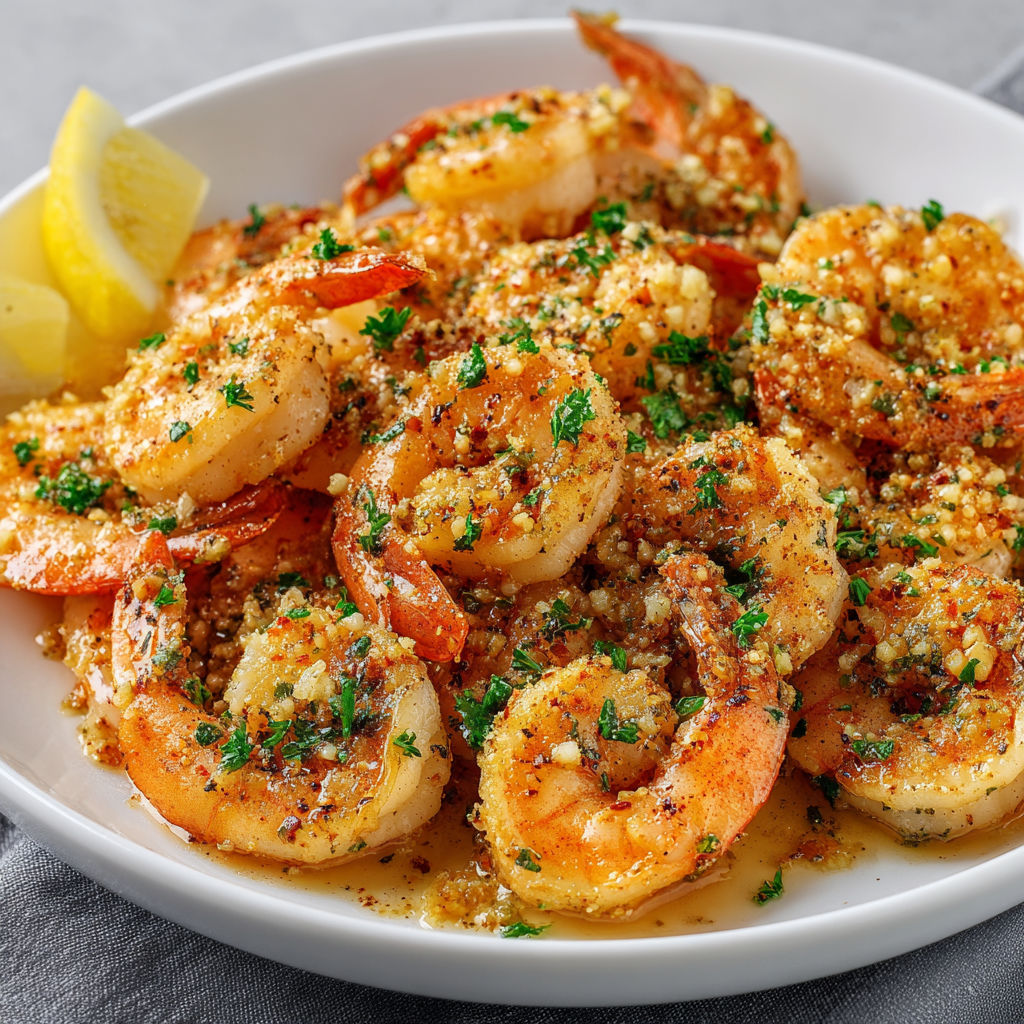 A plate of shrimp with garlic and herbs.