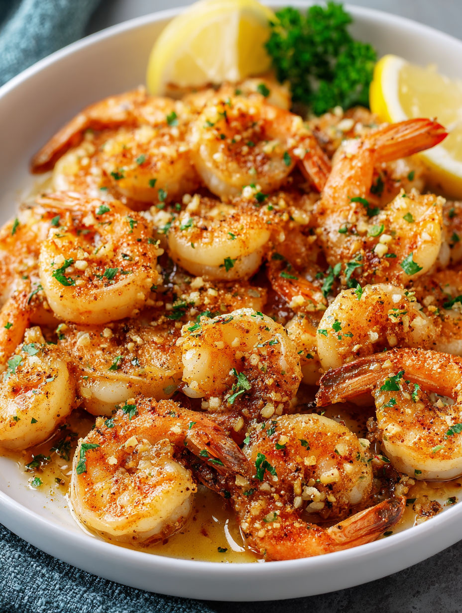 A bowl of shrimp with garlic and herbs.