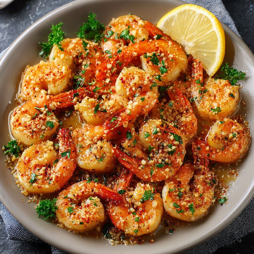 A plate of shrimp with garlic and herbs.