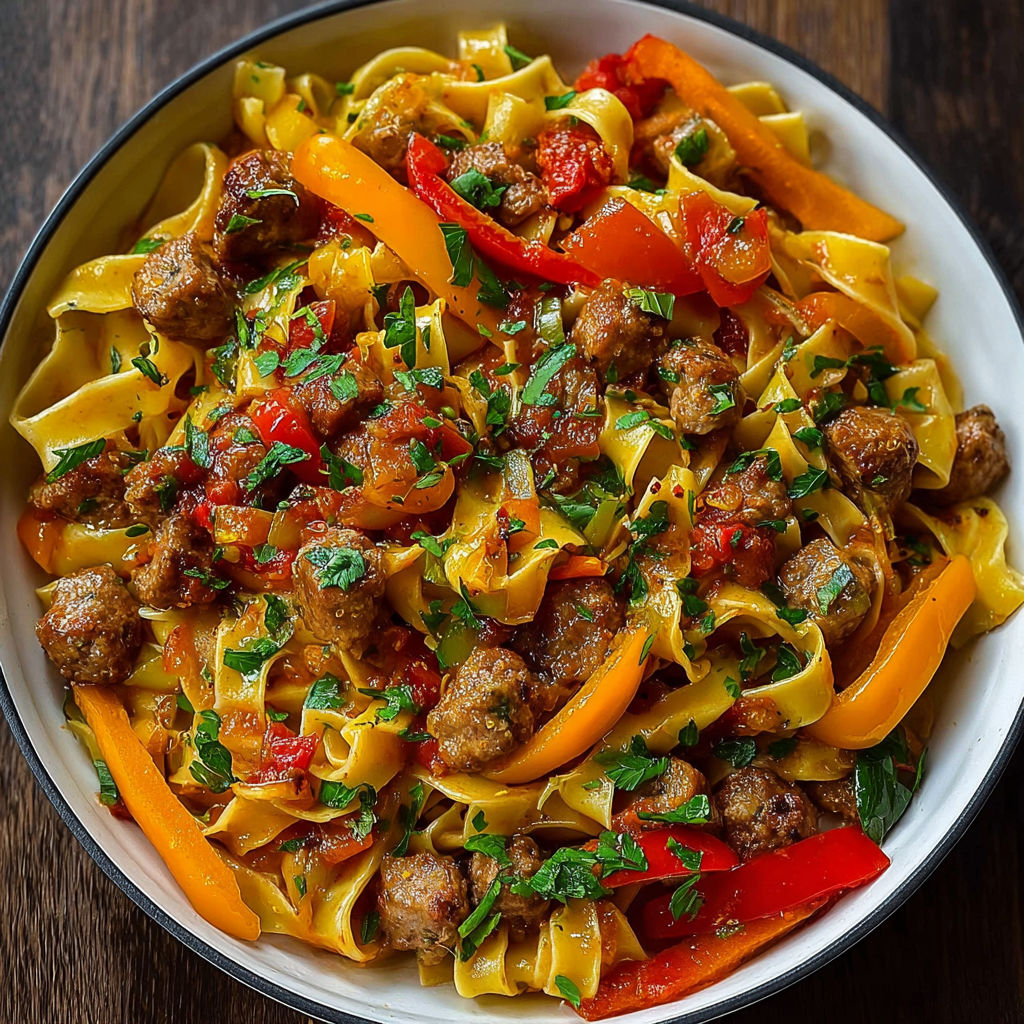 A bowl of Italian drunken noodles pasta.