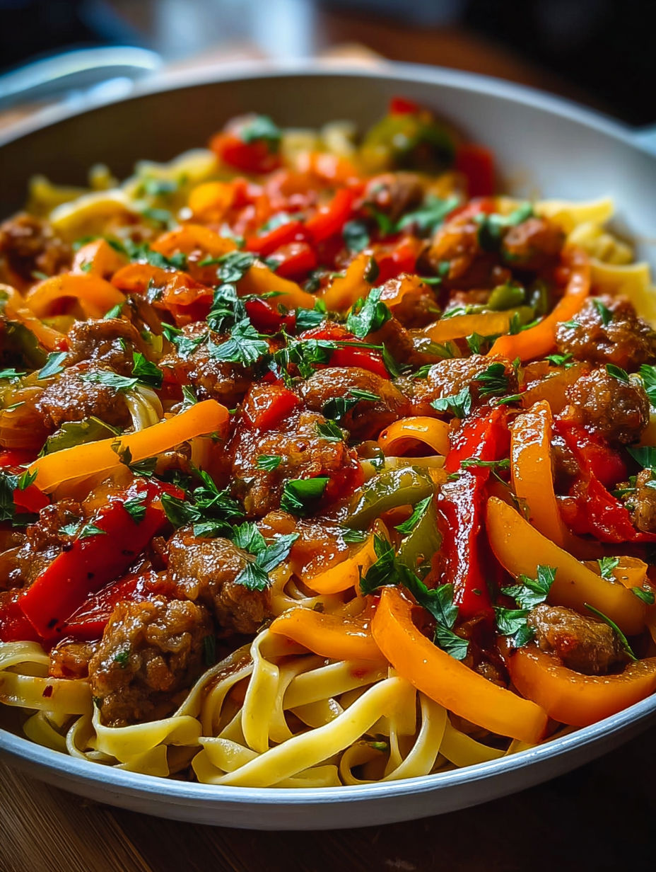 A plate of Italian drunken noodles pasta.