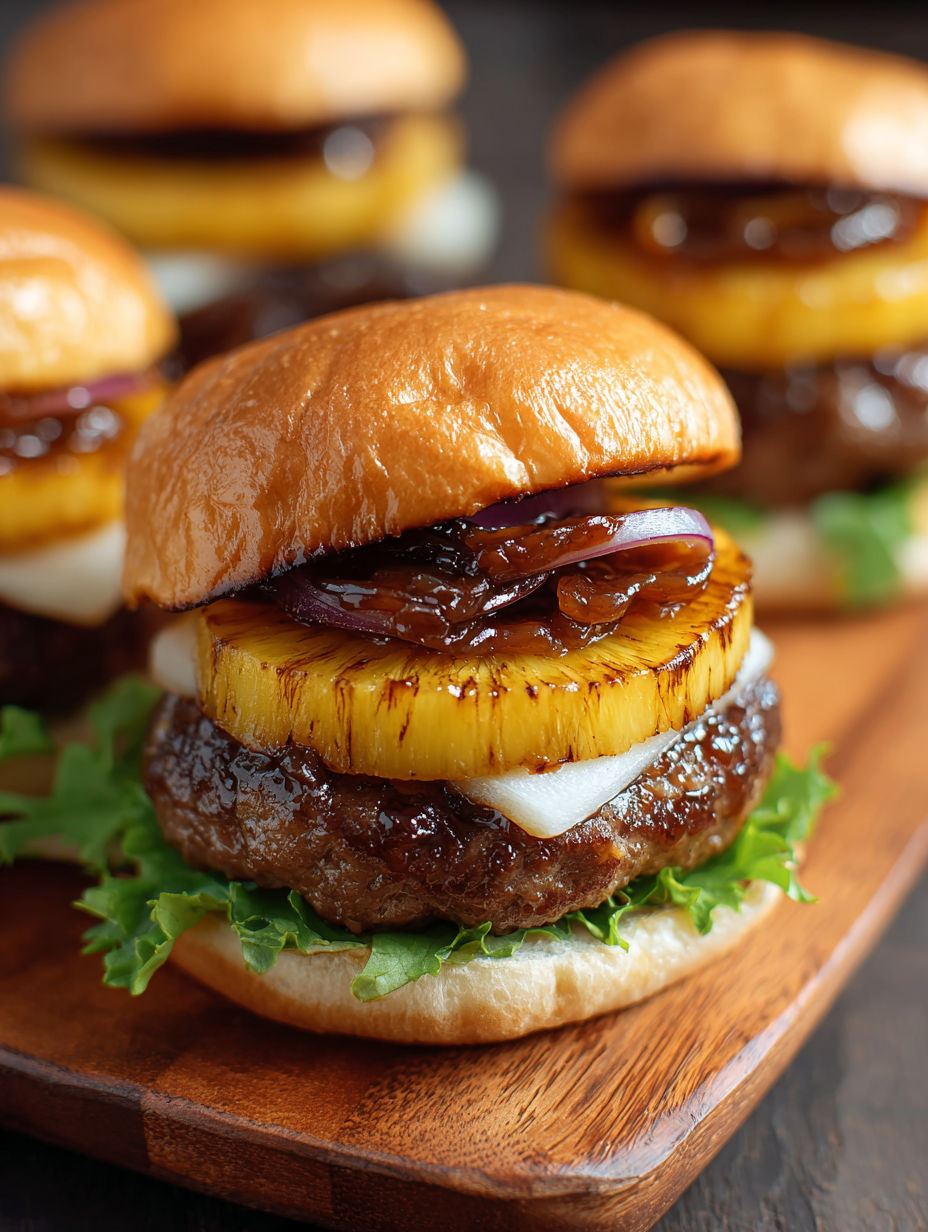 A close up of a delicious Hawaiian Teriyaki Beef Burger.