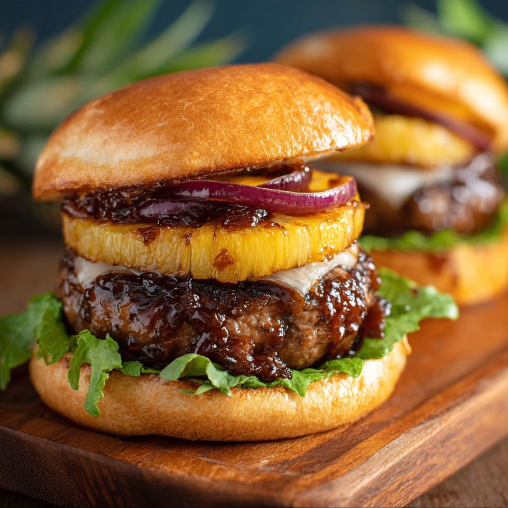 Two Hawaiian teriyaki beef burgers on a wooden table.