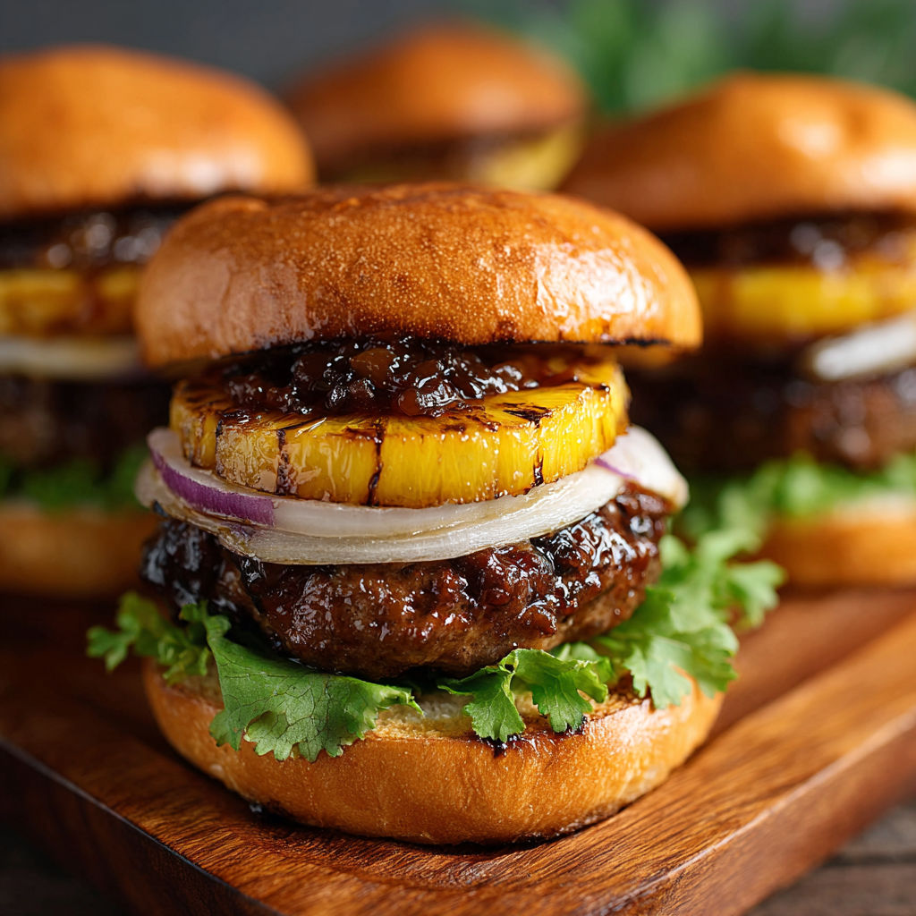 A plate of Hawaiian Teriyaki Beef Burgers.