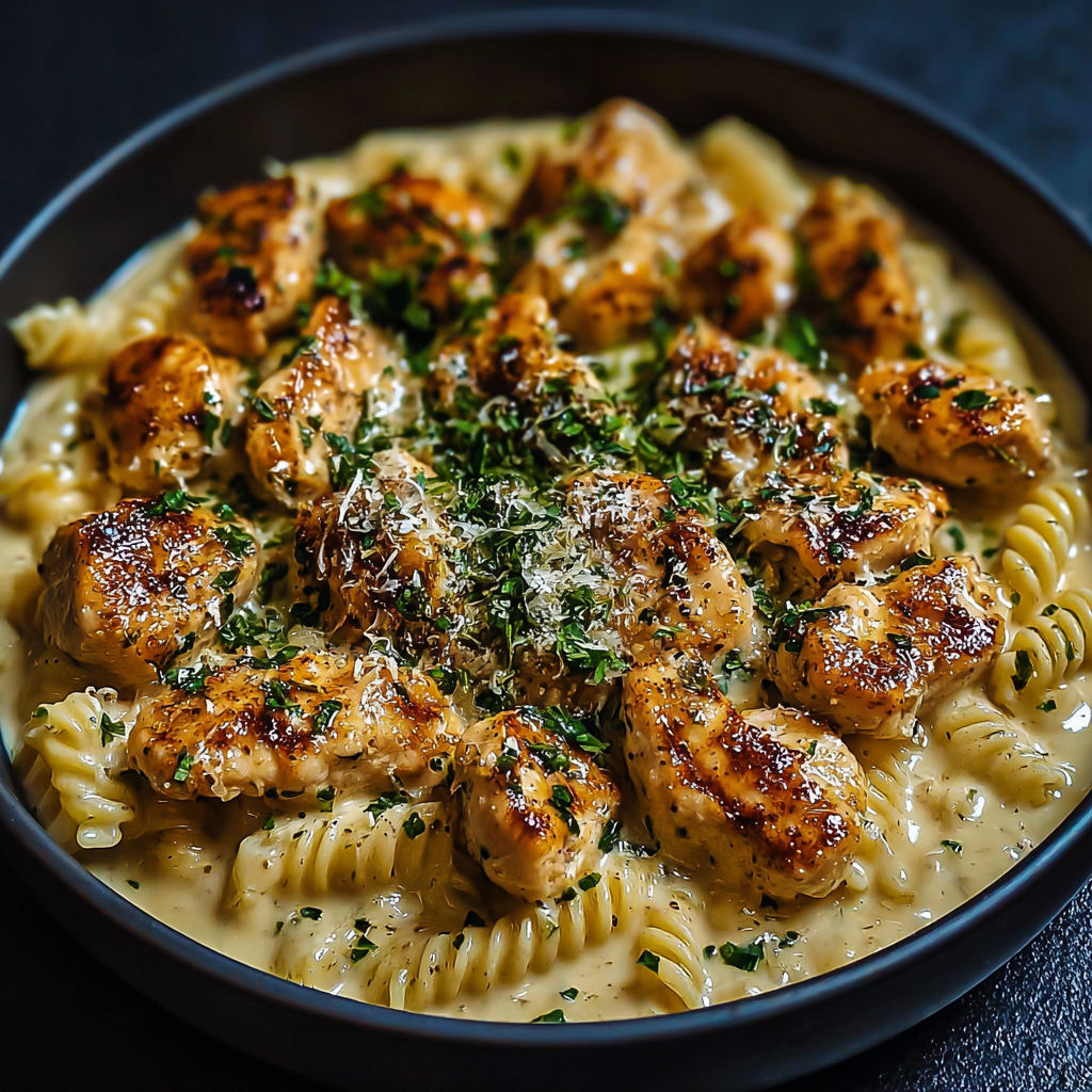 A bowl of chicken with garlic butter and cheese.