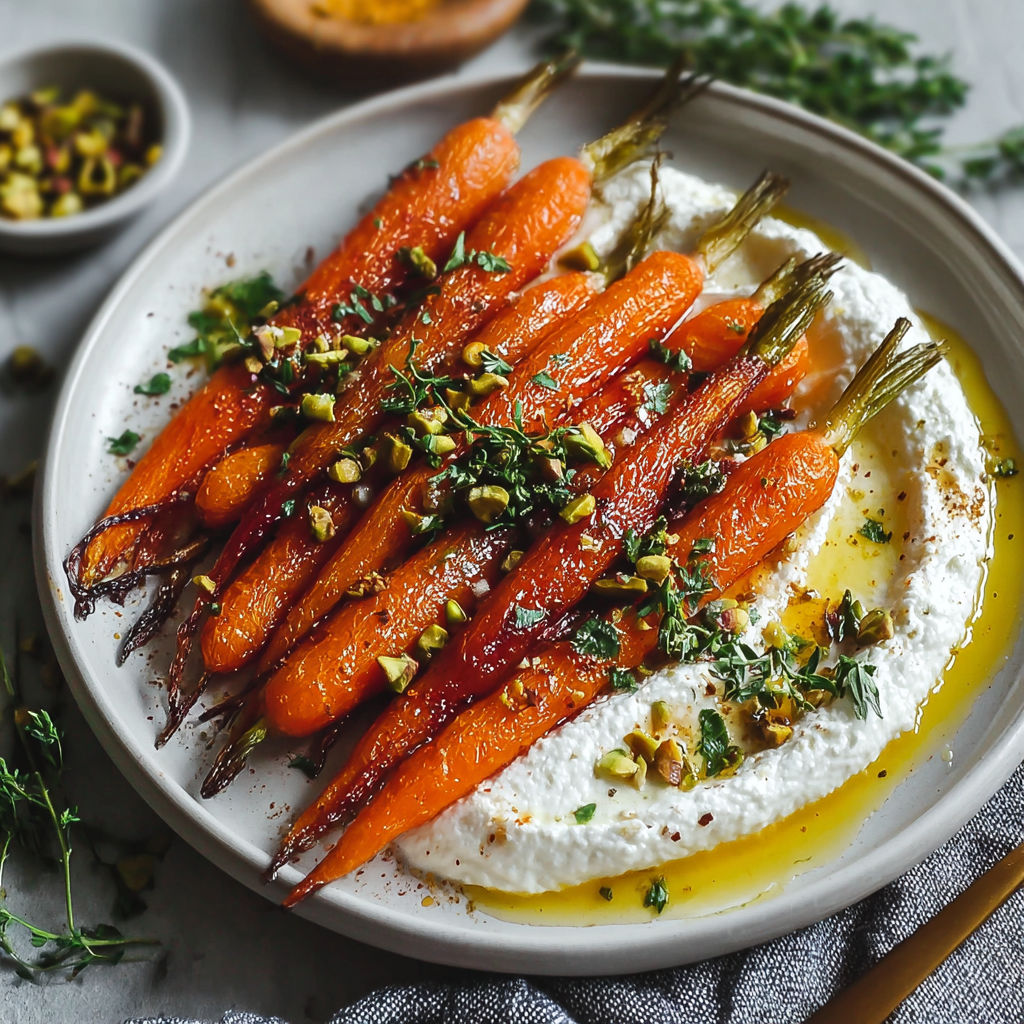 A plate of roasted carrots with ricotta.