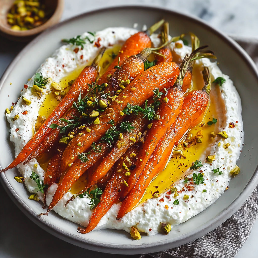 A plate of roasted carrots with ricotta.