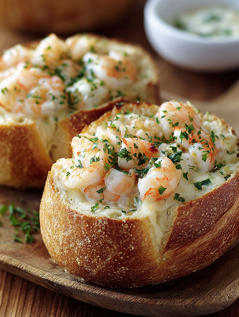 Two pieces of garlic bread with shrimp and cheese.