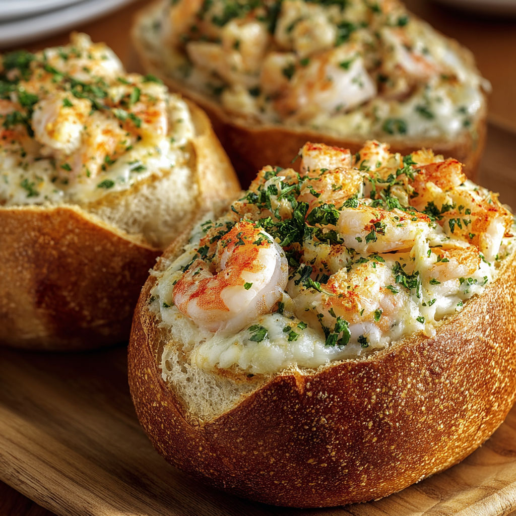Two pieces of garlic bread with shrimp and crab meat.
