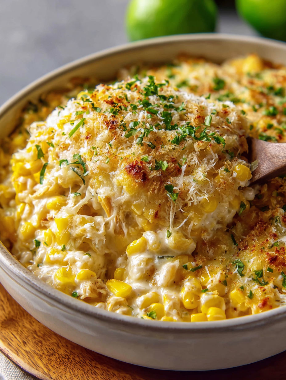 A bowl of food with corn and chicken.