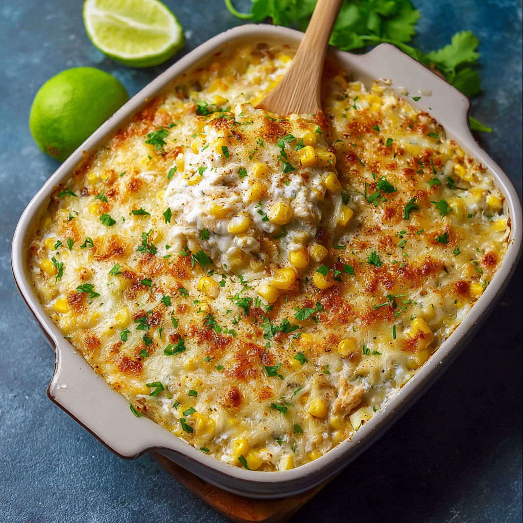 A bowl of street corn chicken casserole.