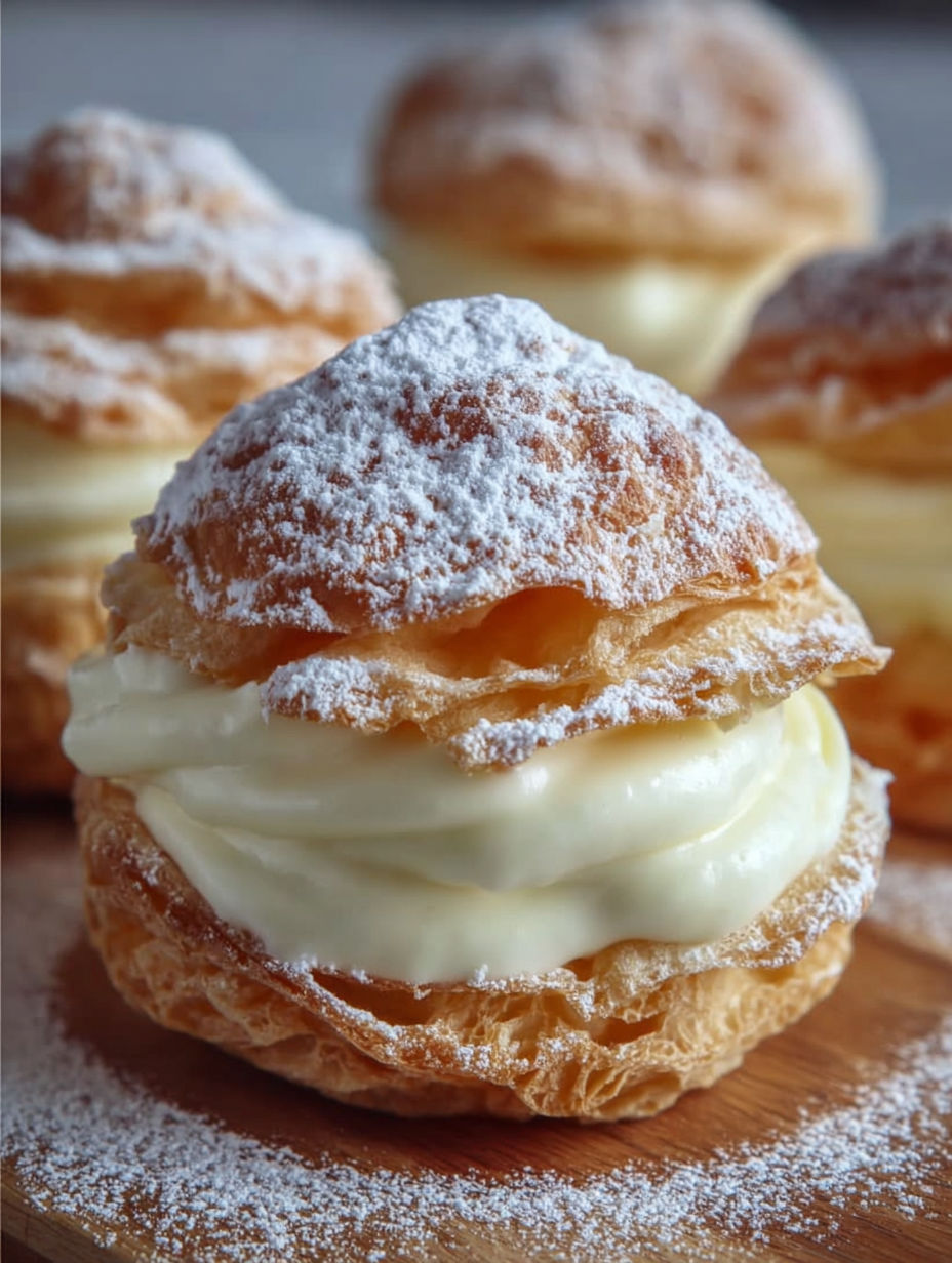A pastry with white frosting and powdered sugar.