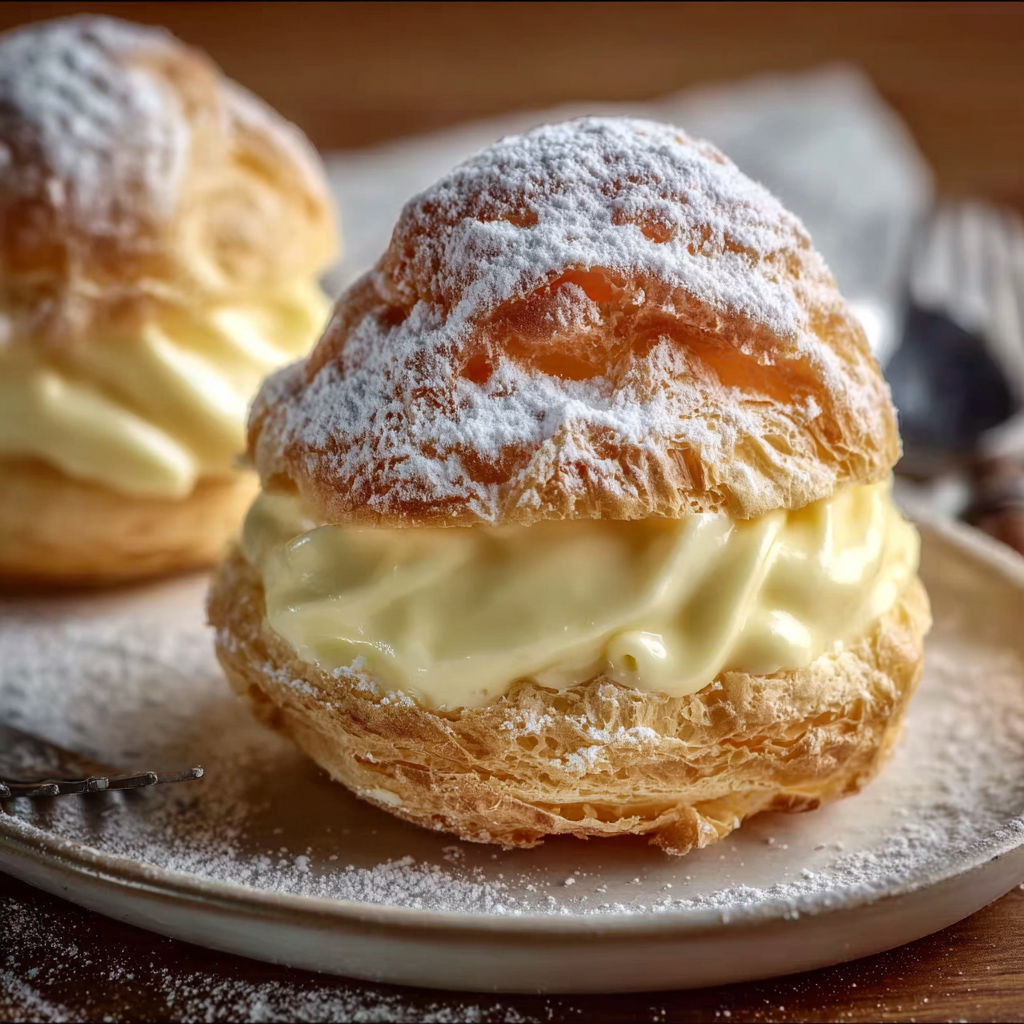 Two Italian cream puffs with custard.