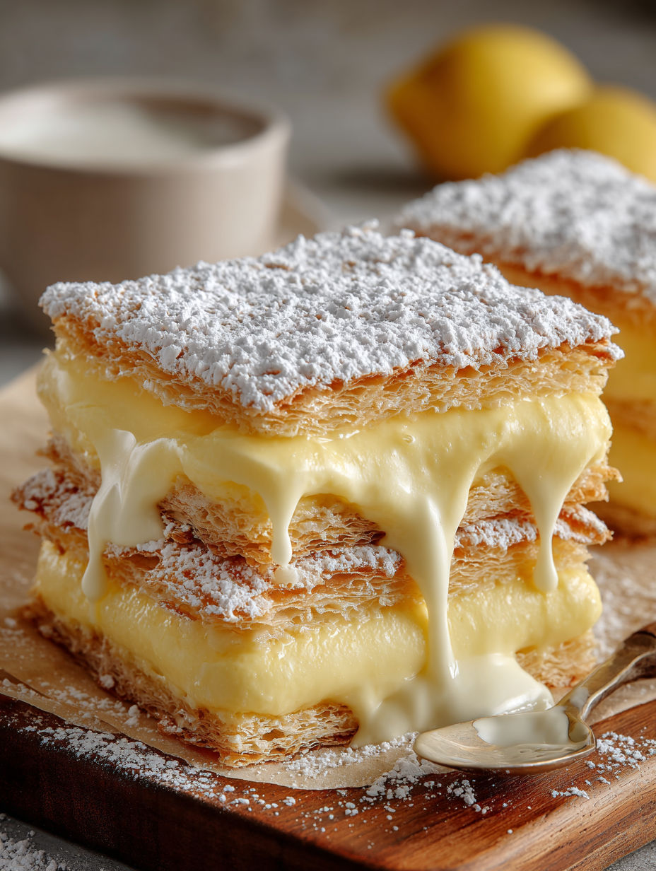 A stack of vanilla custard cream squares.