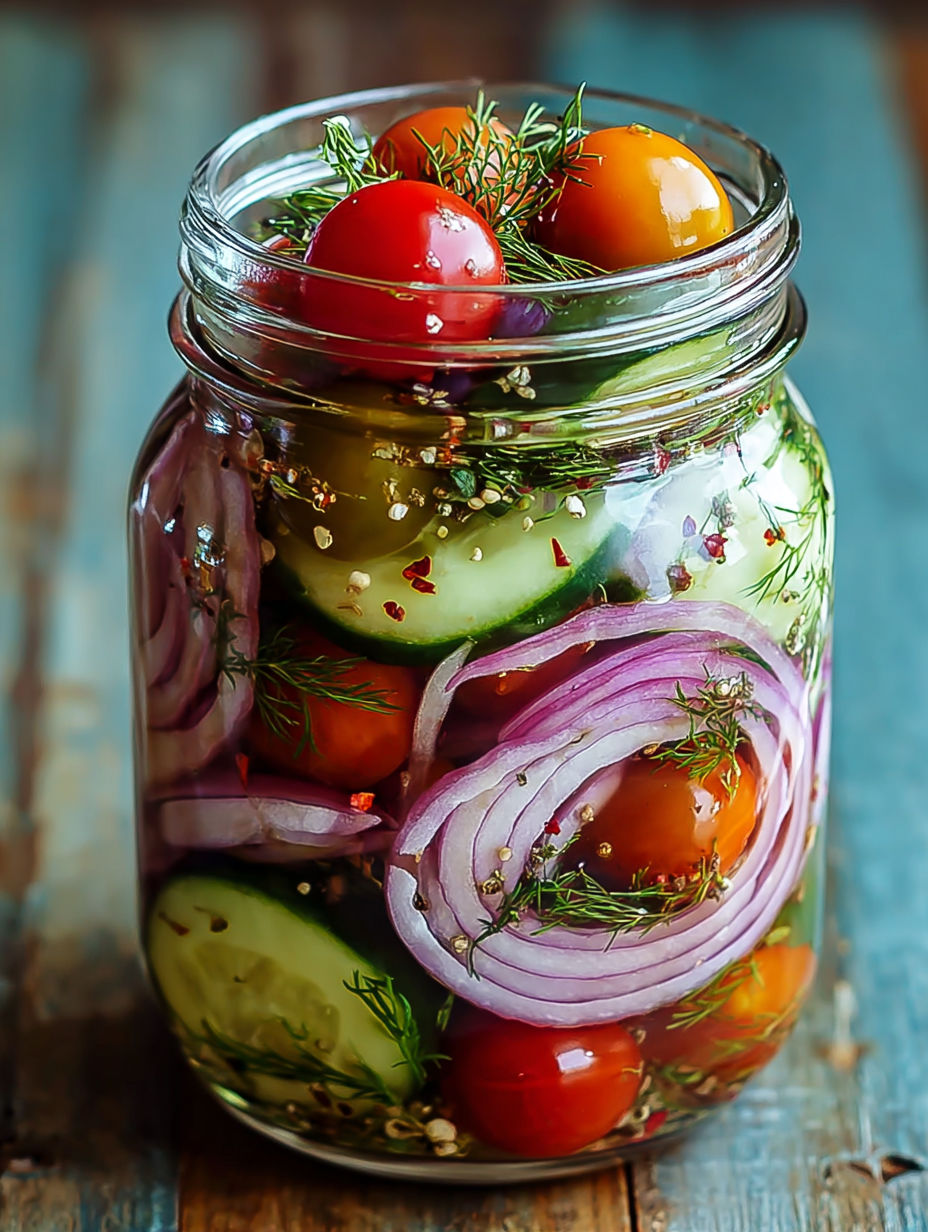 A jar of pickled vegetables with cucumbers, tomatoes, onions, and peppers.