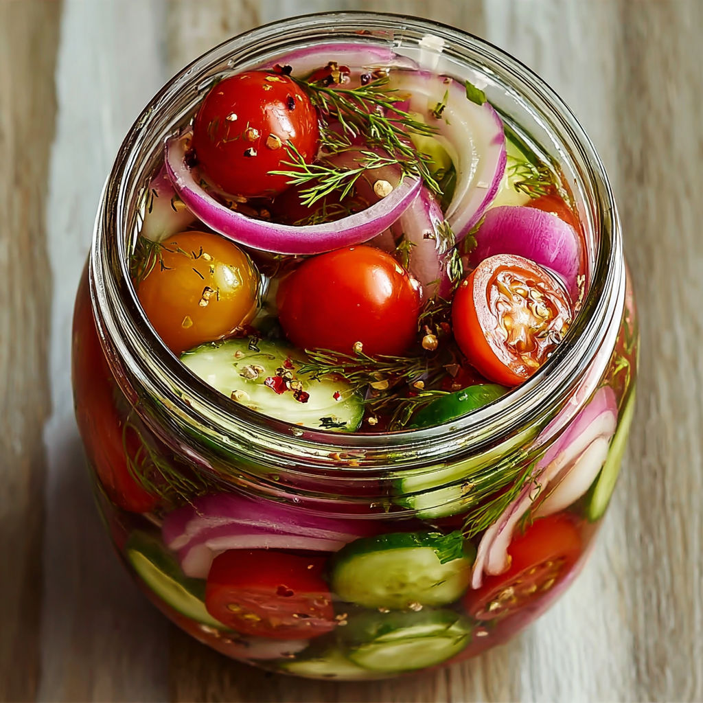 A jar of pickled vegetables including tomatoes, onions, and cucumbers.