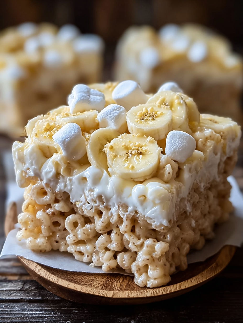 A close up of a banana pudding rice krispie treat.