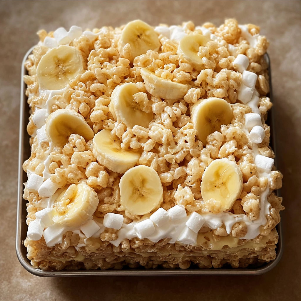 A square of rice krispie treats with bananas.