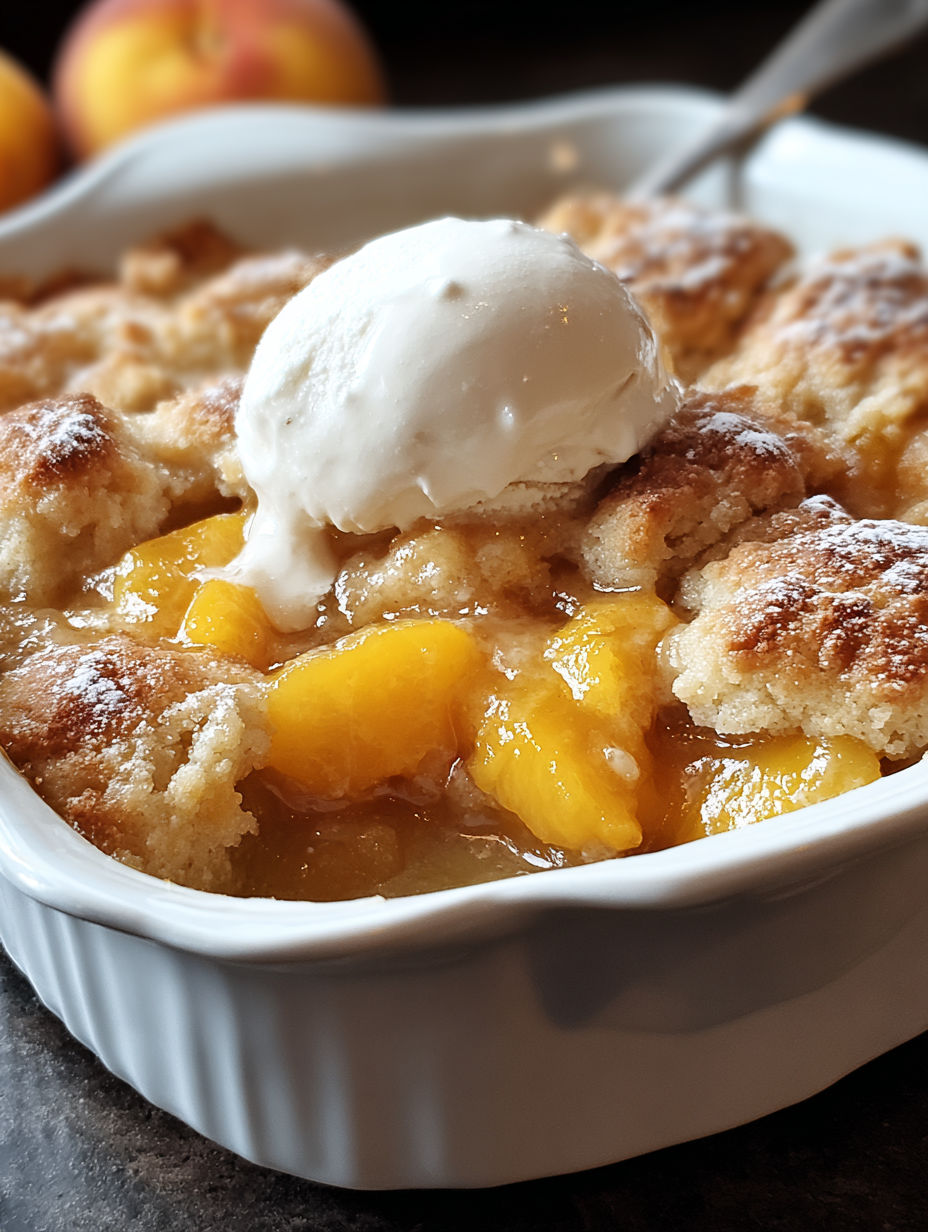 A bowl of peach cobbler with a scoop of ice cream on top.