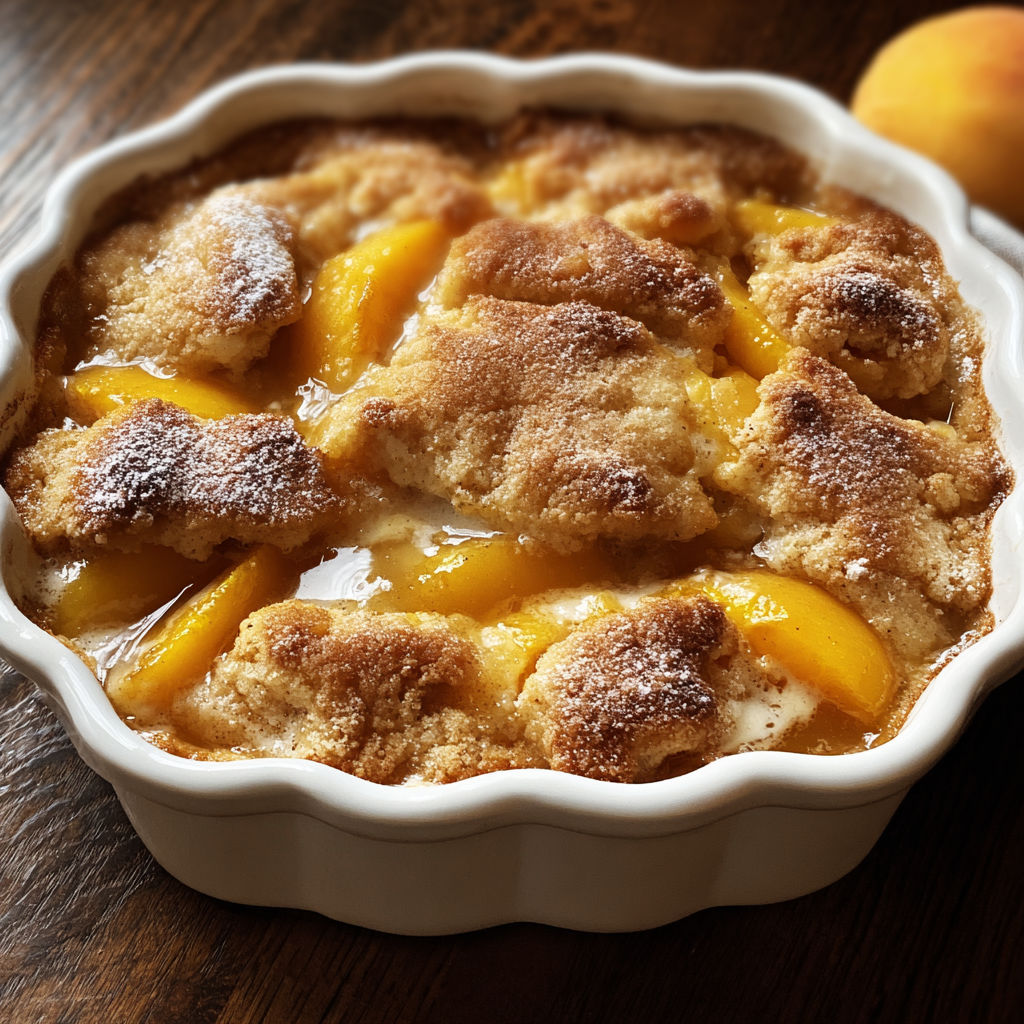 A white bowl filled with peach cobbler.