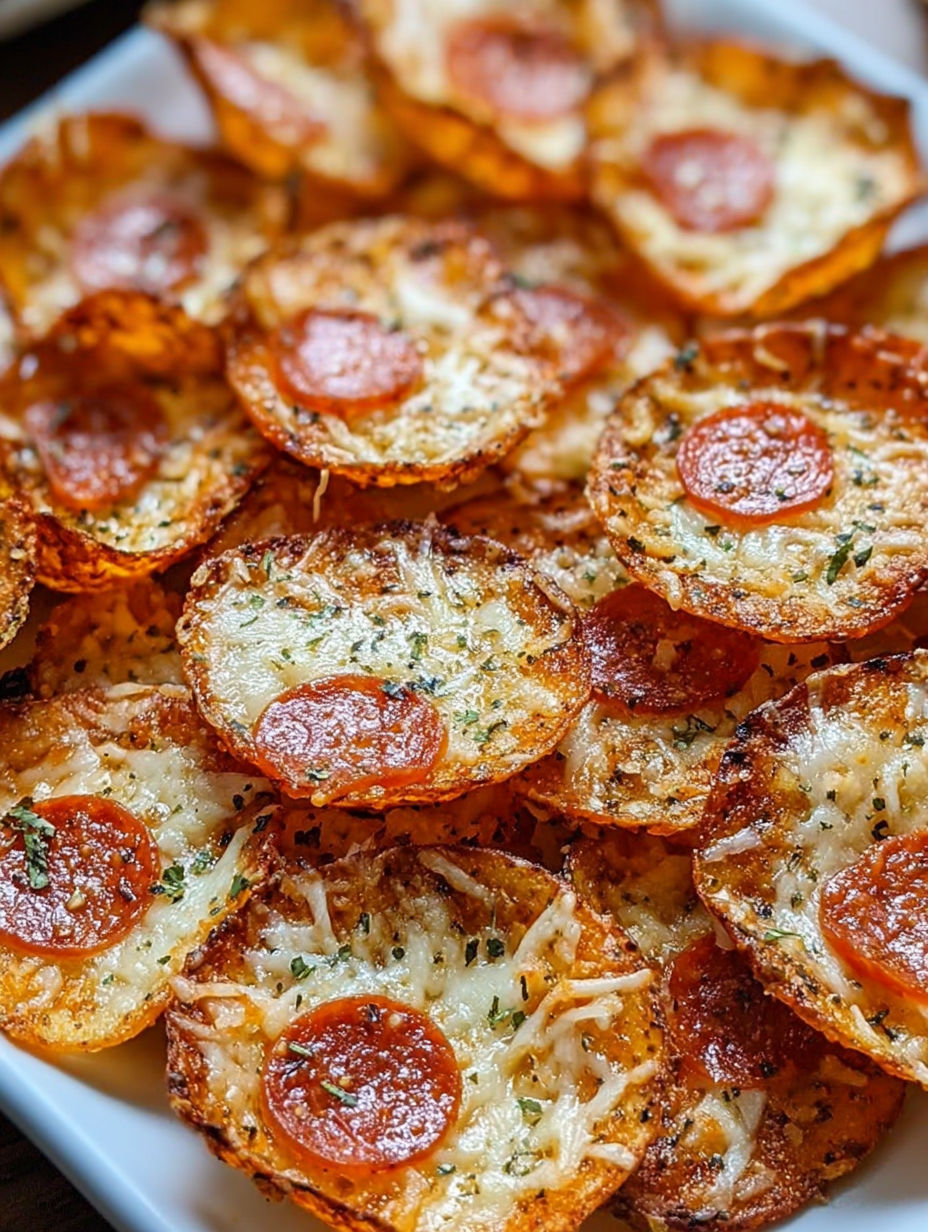 A plate of pizza chips with cheese and pepperoni.