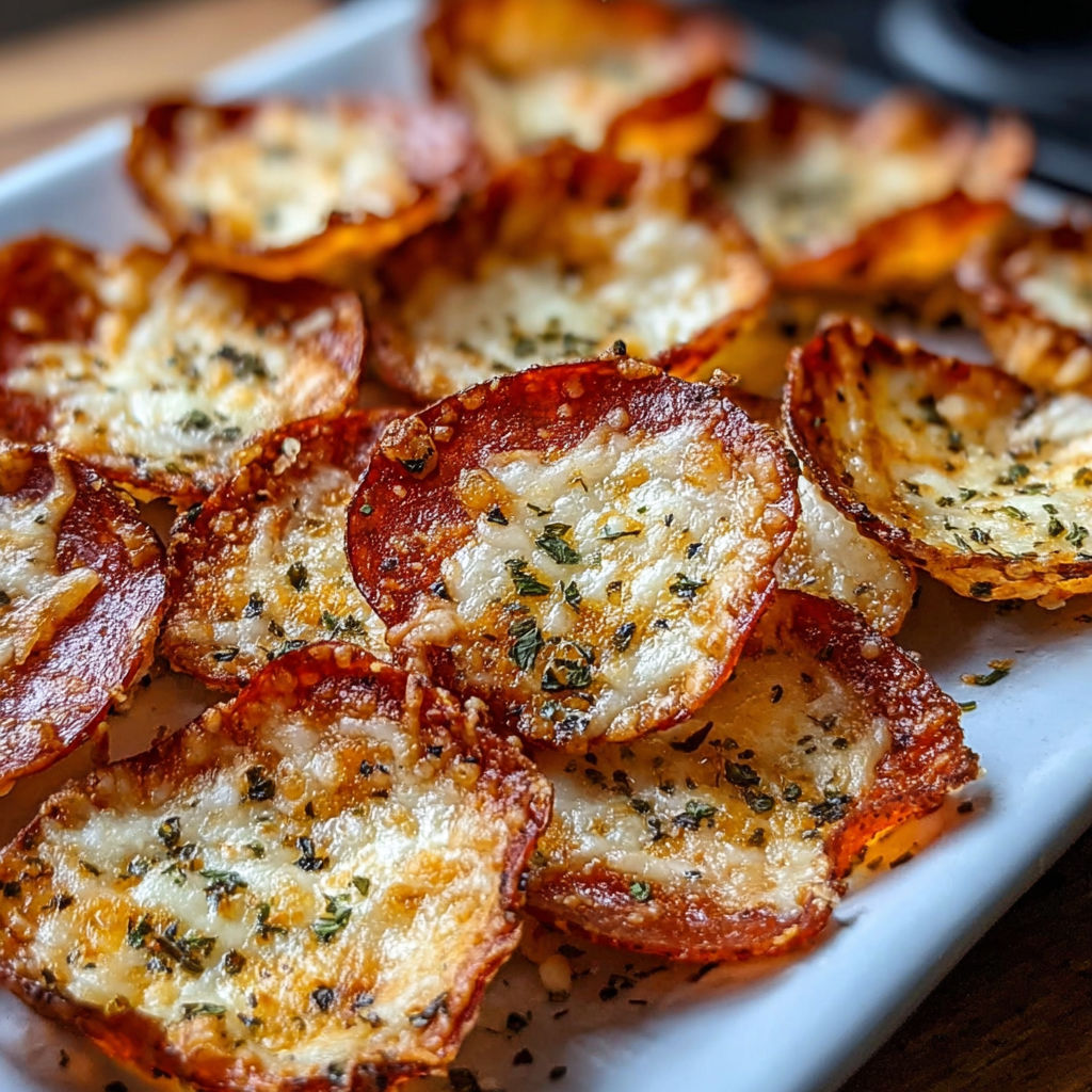 A plate of pizza chips with cheese and herbs.